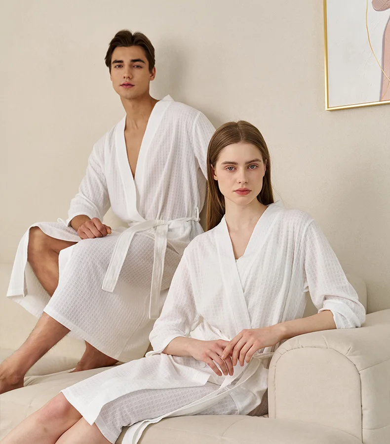 Herren Waffelstrick-Bademantel, Leichter Weicher Spa-Bademantel mit Taschen & Gürtel, Atmungsaktiver Saugfähiger Waffel-Kimono, Schlafbekleidung für Zuhause – Detail 3