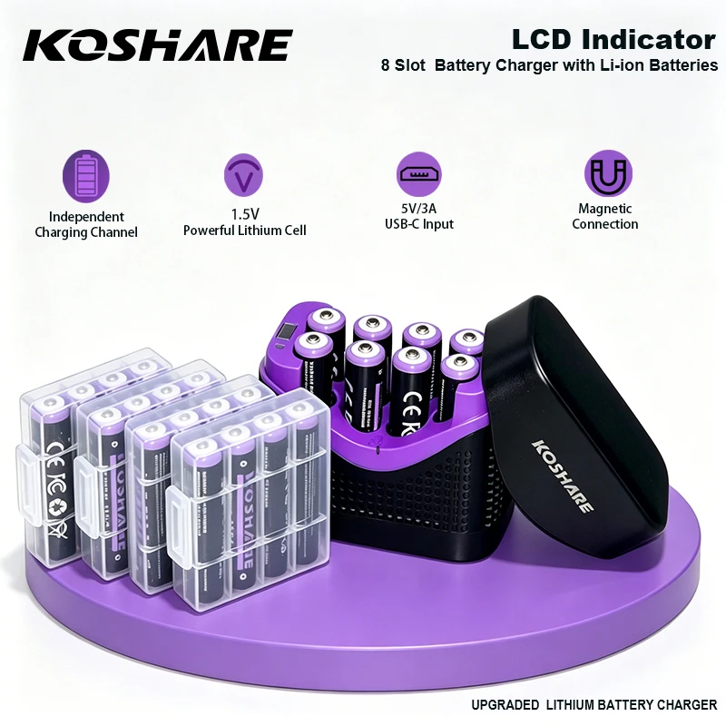 

KOSHARE 1.5V AA AAA Battery Charger With 4255mWh 110mWh Lithium-ion Rechargeable Batteries 8 Slot Smart LCD Charging Compartment