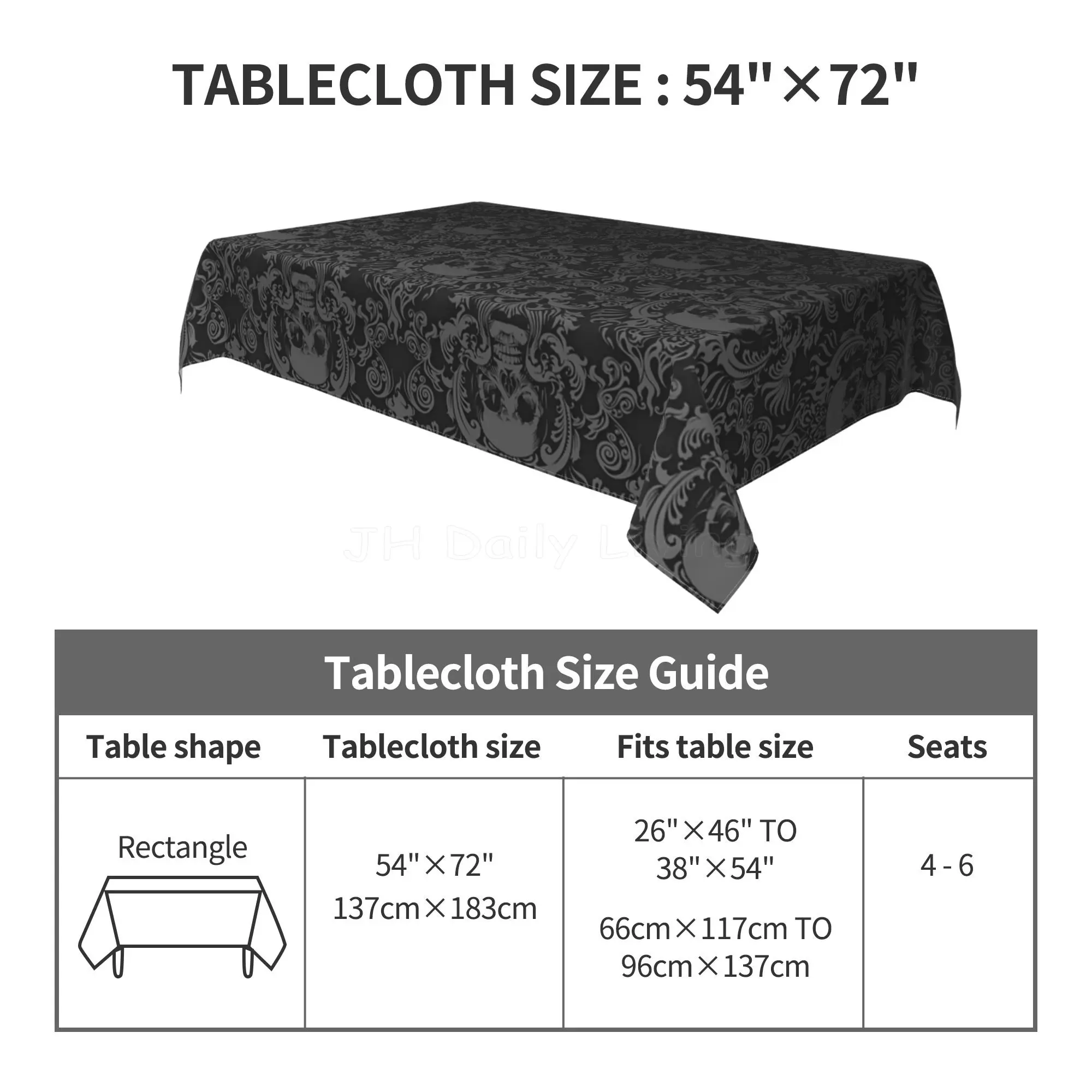 Gothic Skull Flower Black Rectangle Tablecloth Washable Polyester Table Cloth Cover for Kitchen Party Picnic Dining Decor