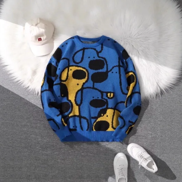 

Осенне-зимний свитер с милым принтом собаки, двусторонний узор, имитация вязаного свитера, с принтом, для мужчин и женщин.