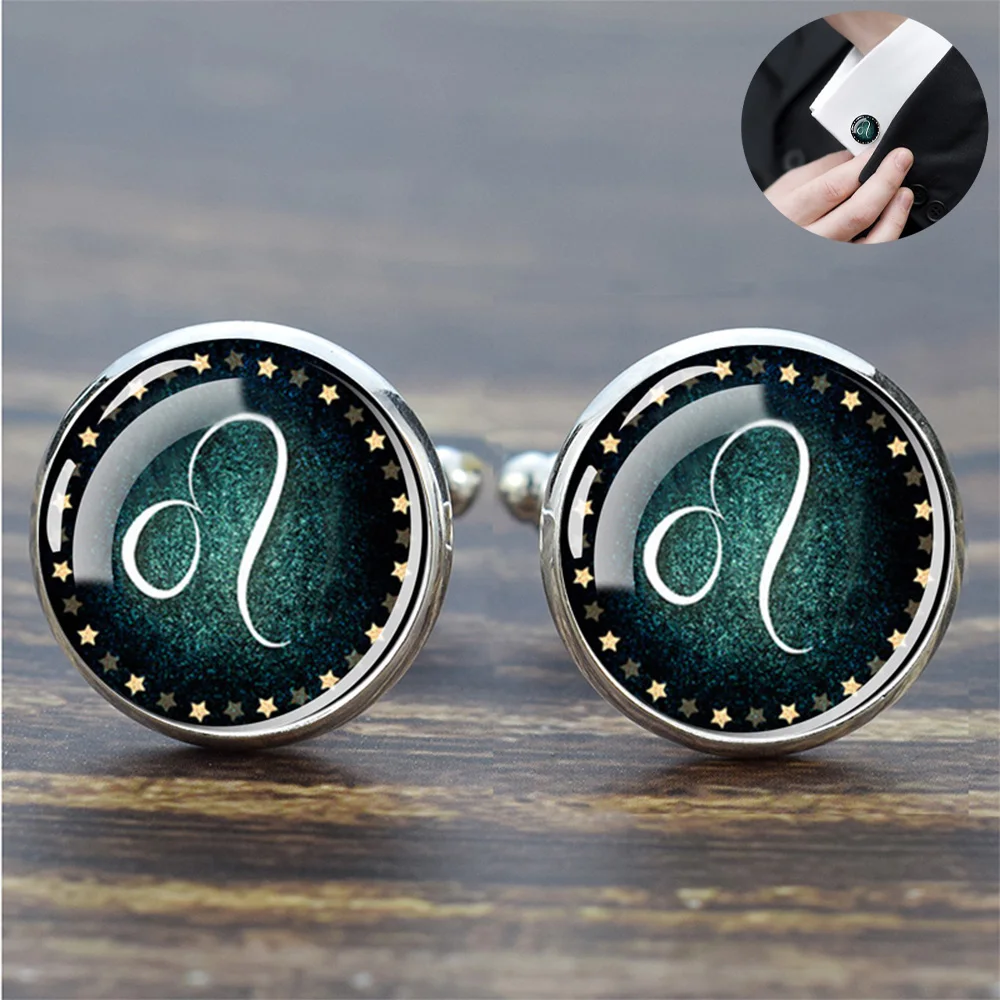 12 Constellations Cufflinks for Mens Luxury Zodiac Sign Glass Dome Shirt Cuff Links 1 Pair Fashion Jewelry for Men Birthday Gift