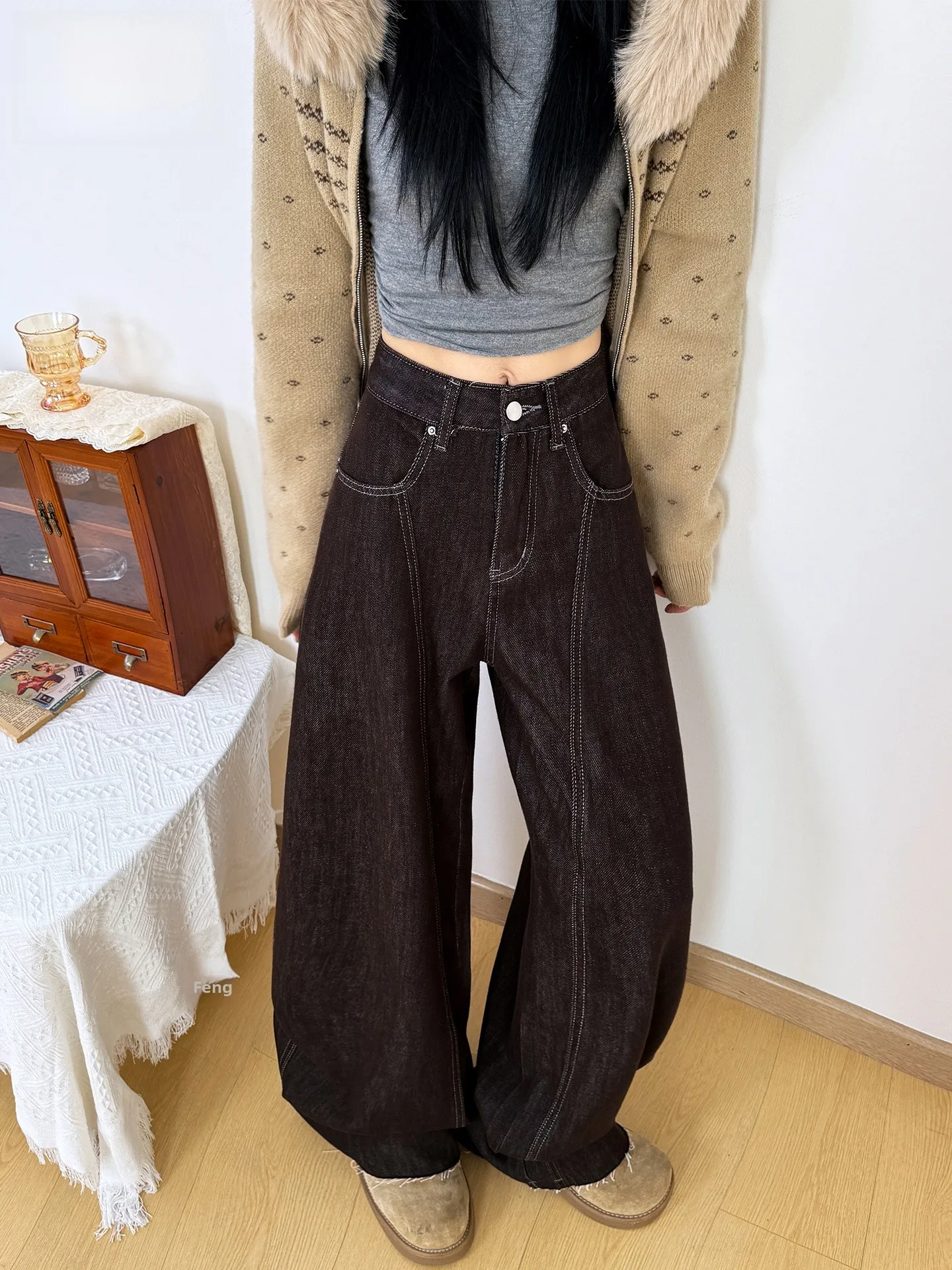 

American Style Loose Fit Coffee Color Denim Pants Women's Spring Summer Casual High Waist Wide Leg Jeans Asymmetrical Knife