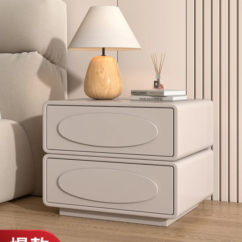 Cream wind Italian minimalist bedside table luxury modern simple solid wood paint household bedroom bedside storage cabinet.