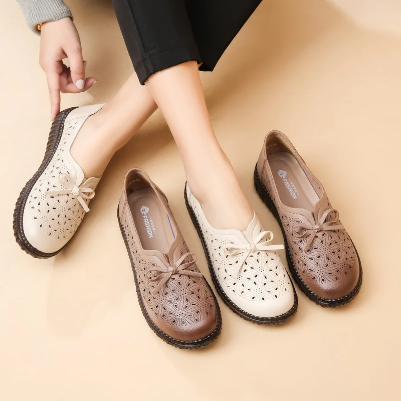Summer Women Loafer Shoes Summer Hollow Breathable Casual Leather Shoes Non-slips Comfortable Mom Flat Hole Sandals