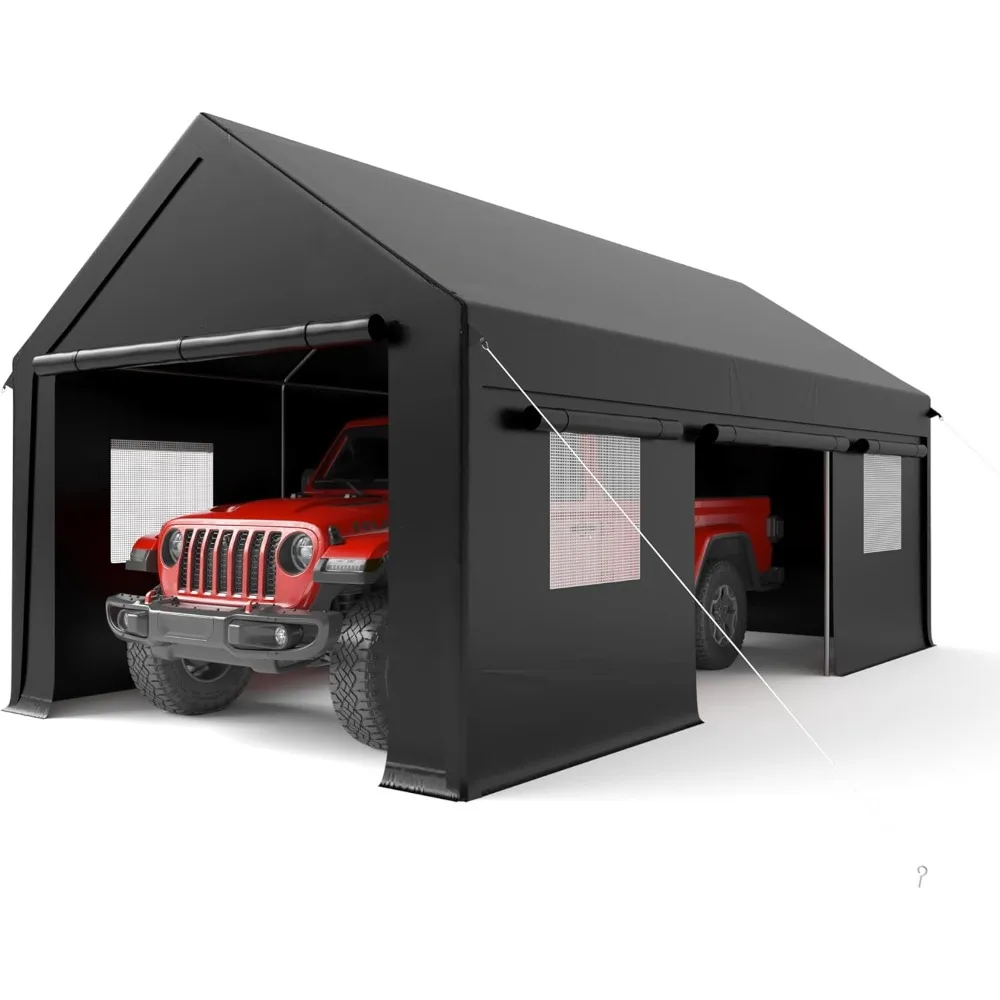 

Carport, 12x20 FT Heavy Duty Carport, Portable Garage with Roll-Up Windows & Side-Opening Door, Car Canopy Reinforced Four-Hole