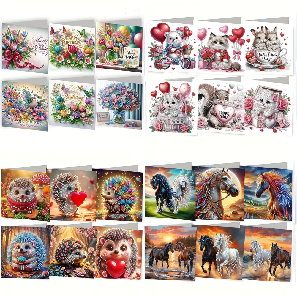 6-Piece DIY Diamond Painting Birthday Card Set, Featuring Unique Flower, Butterfly, and Pattern Designs, with Rhinestone Diamond