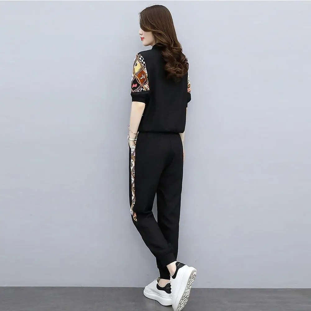 Gym Suit for Women Zippered Lapels Suit Stylish Women's Tracksuit Set Printed Sweatshirt Pants with Drawstring Plus Size Long