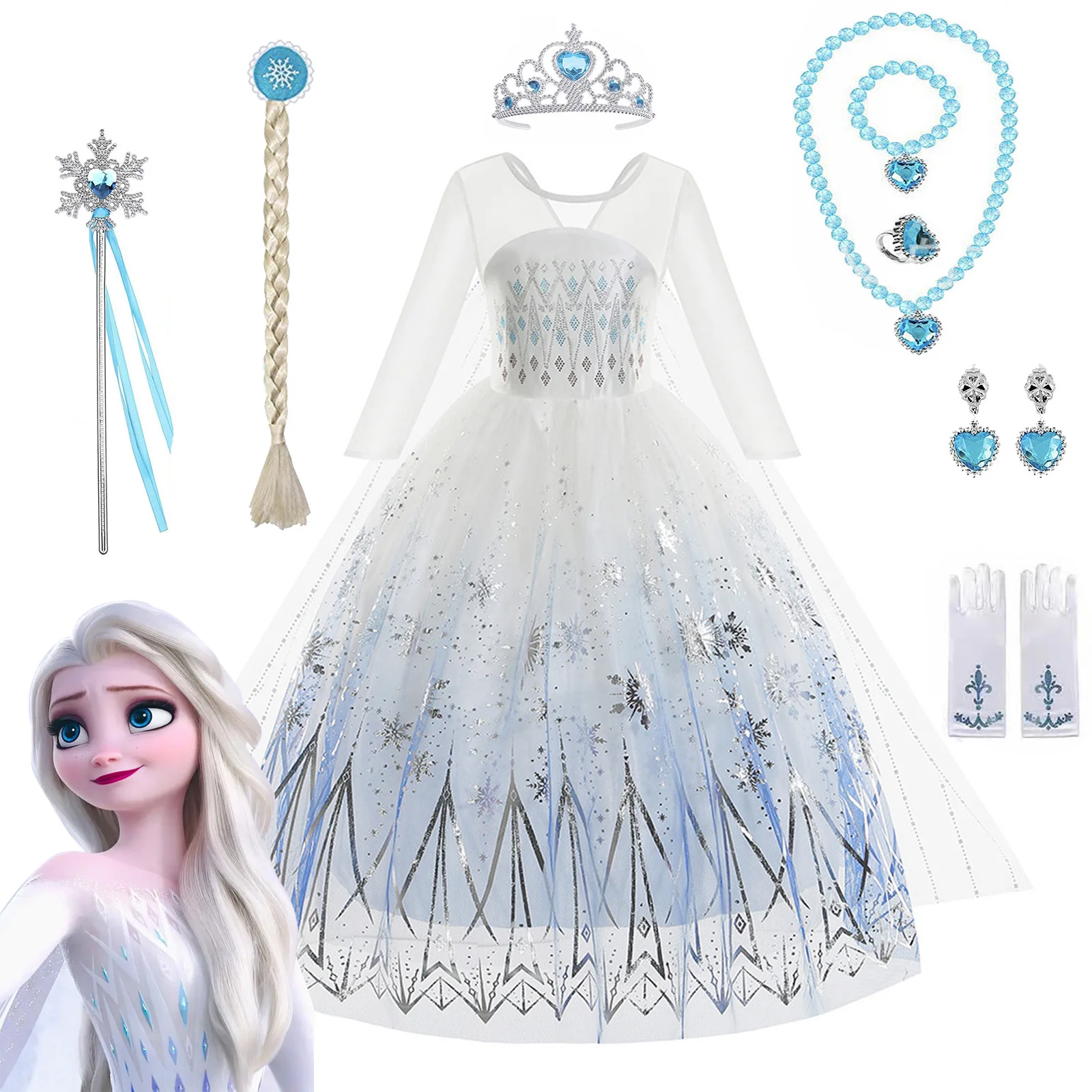 Disney Frozen 2 White Elsa Princess Dresses for Baby Girls Outfit Snow Queen Cosplay Birthday Party Kids Clothing for 2-12 Years