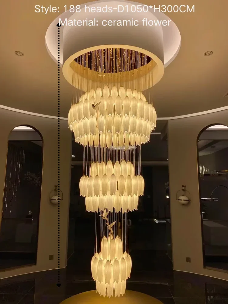 

Luxury Crystal Staircase Chandelier For Stairsway Loft Ceramic Flowers Ceiling Chandelier For High Ceiling Villa Hotel Lobby