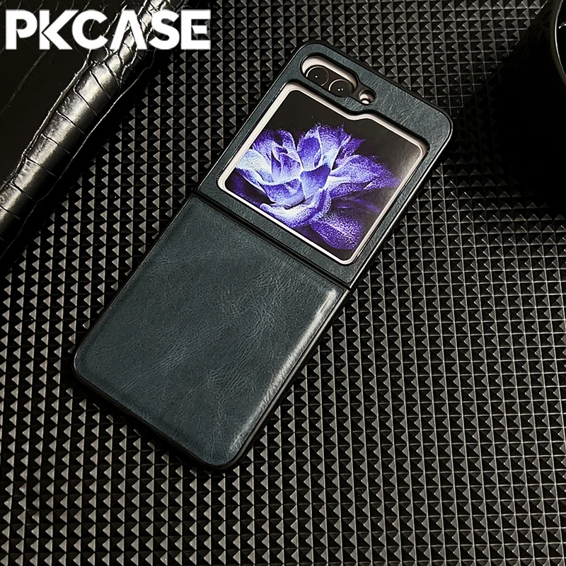 PKCASE Stoßfeste Hülle aus Crazy-Horse-Leder mit Anti-Fingerprint-Beschichtung und Scharnierabdeckung für Samsung Galaxy Z Flip 8 7 FE 6 5