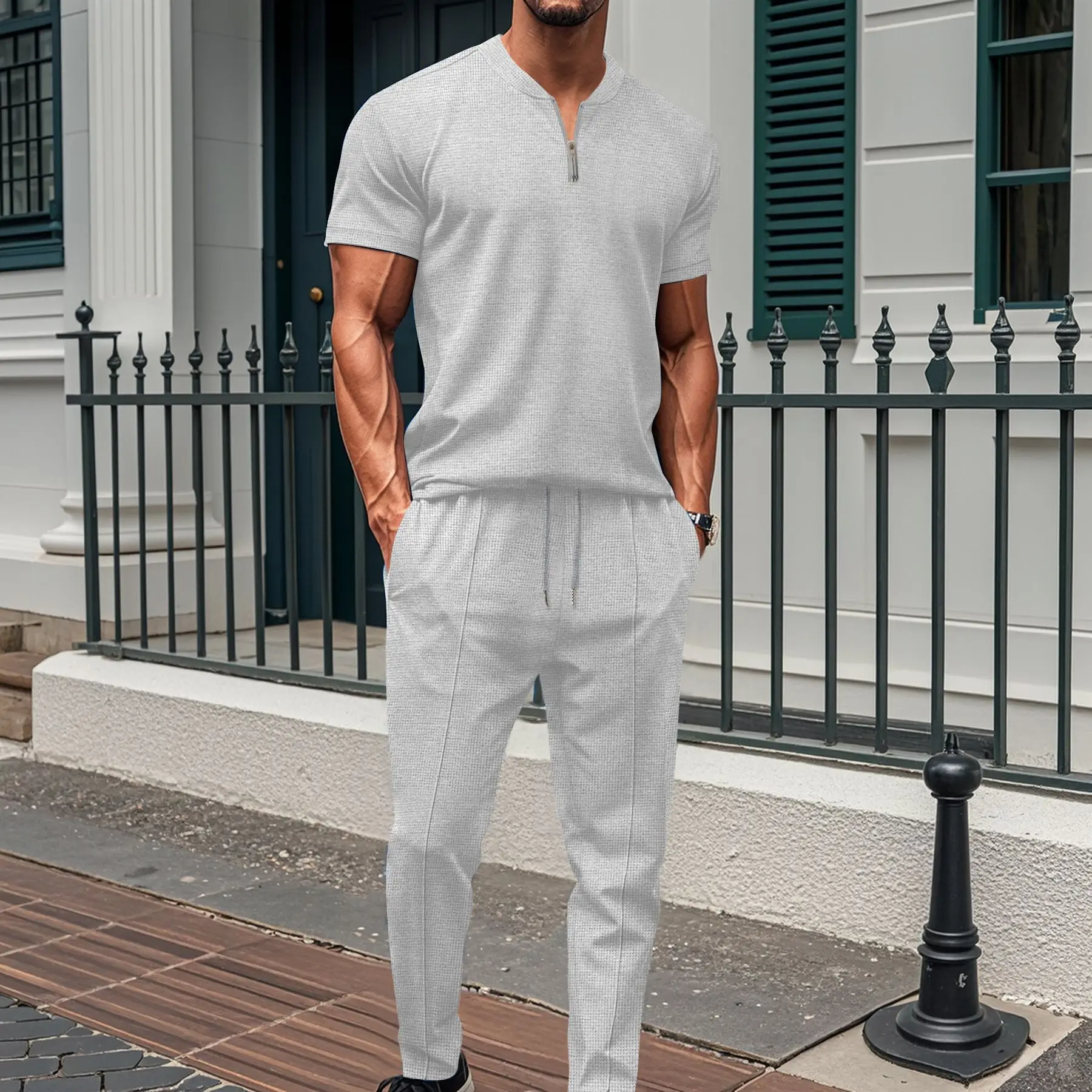 2025 Cross border Men's European and American New Waffle Collar Small Zipper Solid Color Men's Short sleeved Pants Set