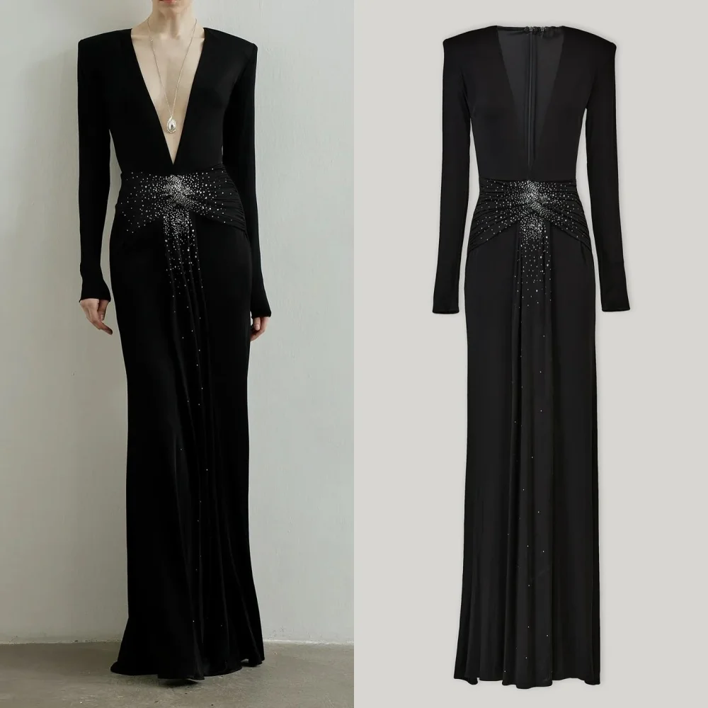 

Customized Sparkle Chinese Style Jersey Draped Sequined Beading Straight V-neck Long Dresses Bespoke Occasion Dresses Elegant