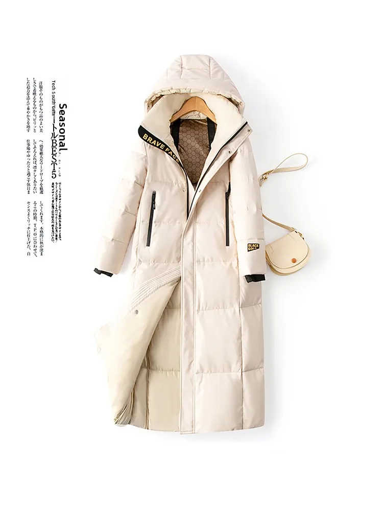 Cappotto in Vera Pelle Haining da Donna, Lunghezza Media, Nuovo Modello Invernale, Taglia Grande, Bianco, con Cappuccio in Piuma d'Oca e Pelle di Pecora