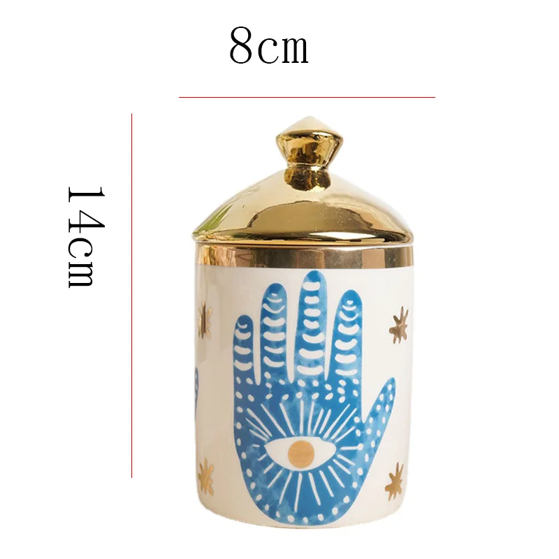 Blue Ceramic Candle Jar Eyes Hand Print Decorative Box Jewelrycotton Swab Aromatherapy Bottle Home Delicate Candy Nuts Seal Jar