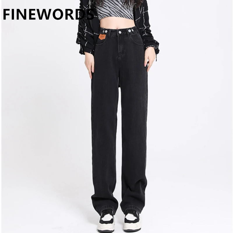 FINEWORDS Harajuku Casual Vintage Black Straight Jeans Women Korean High Waist Wide Leg Jeans Streetwear Punk Baggy Denim Pants