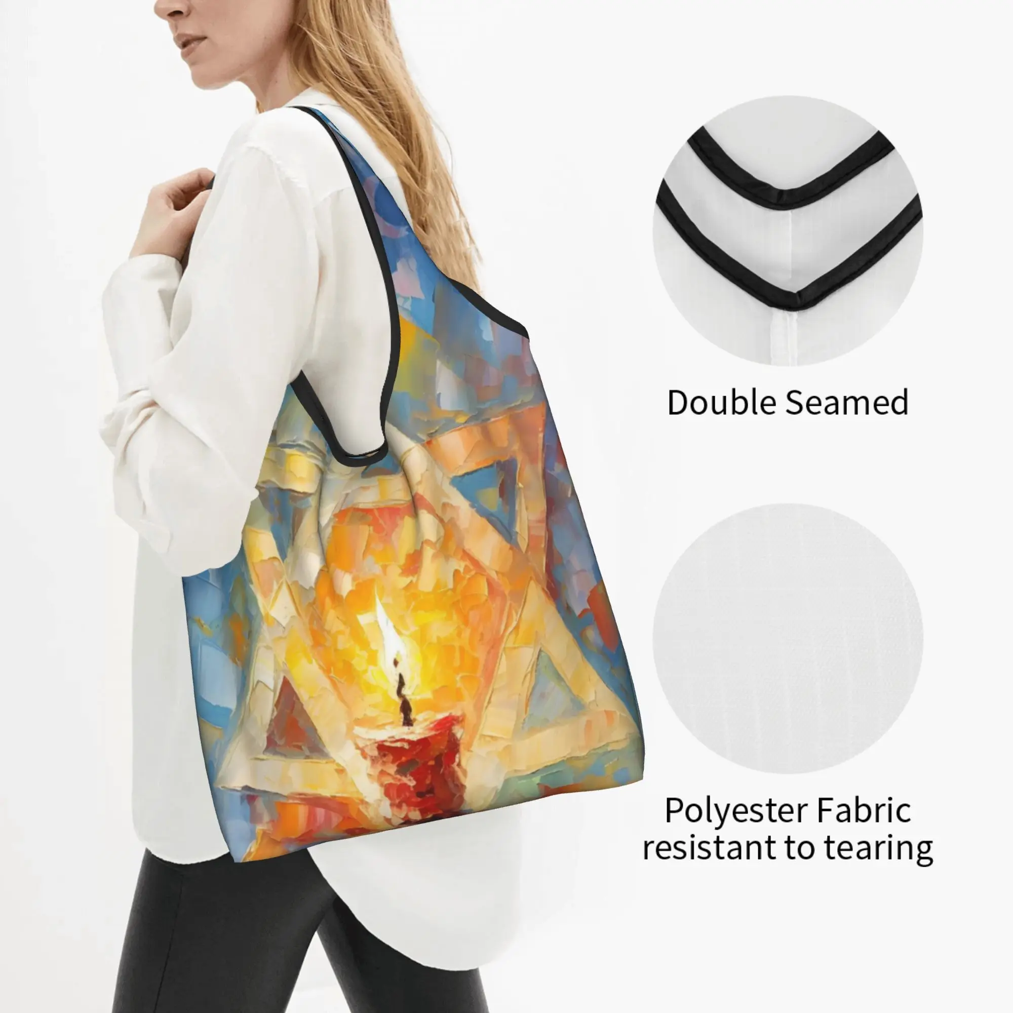 Kawaii Israel Star of David  Shopping Tote Bag Portable Candle Groceries Shoulder Shopper Bag