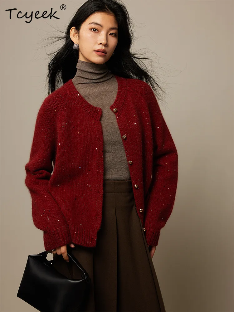 

Tcyeek, Wool Blended Elegant Fashion Cardigan, Women O-Neck Sequins, Vintage Sweater Jacket, 2024 Autumn Winter New C47011QM