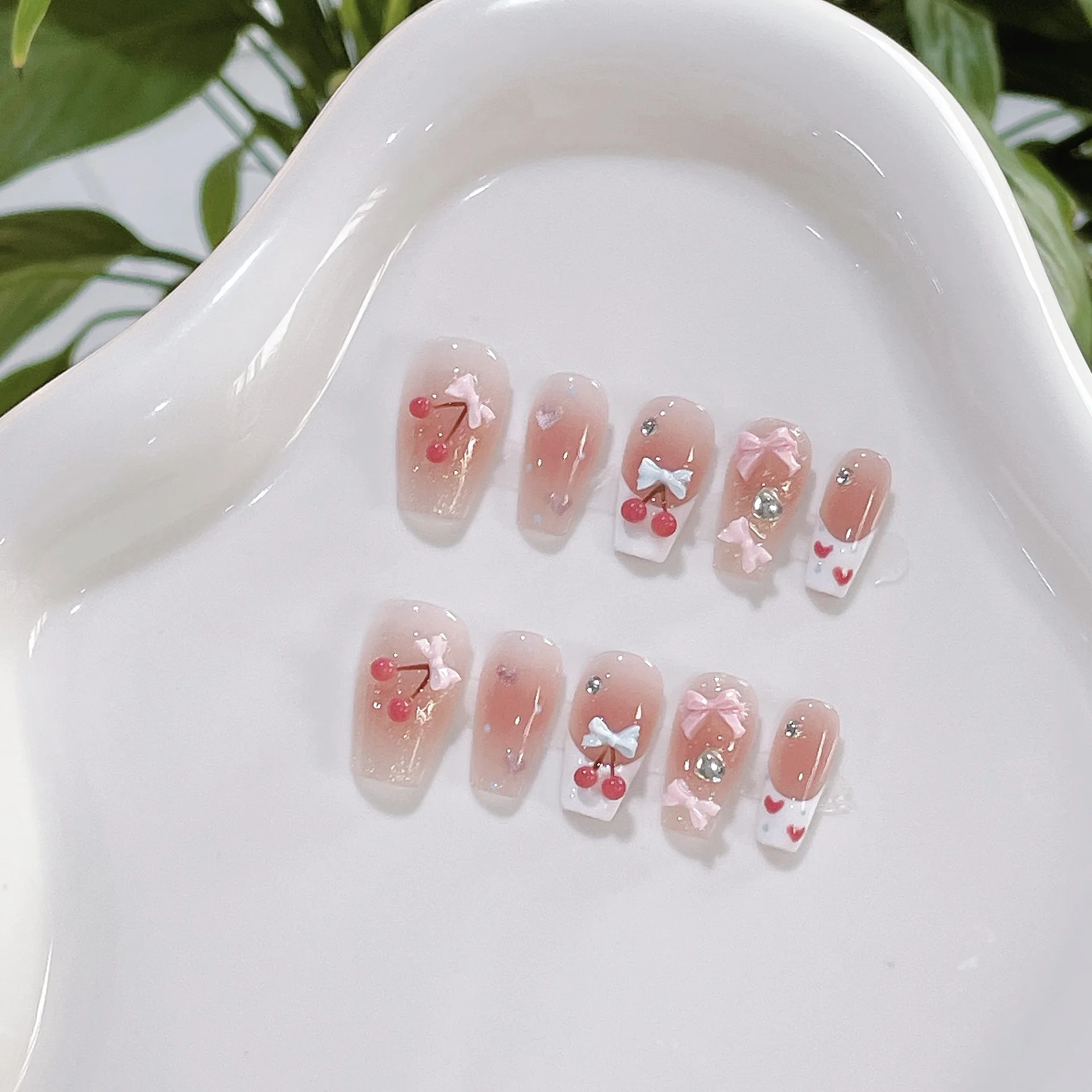 

10pcs Handmade Press on Nails Bow knot Heart-shaped French Cherry Glitter Fake Nail for Women&Girl Removable Wearable Nail Art