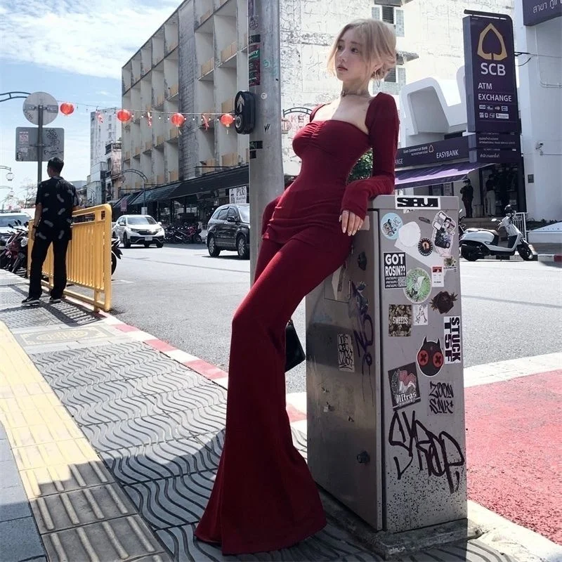 

Women's Y2K Square Neck Ruched Three-Piece Set - Long Sleeve Slim Top with Flared Pants, Vintage Sexy Streetwear Spring Autumn