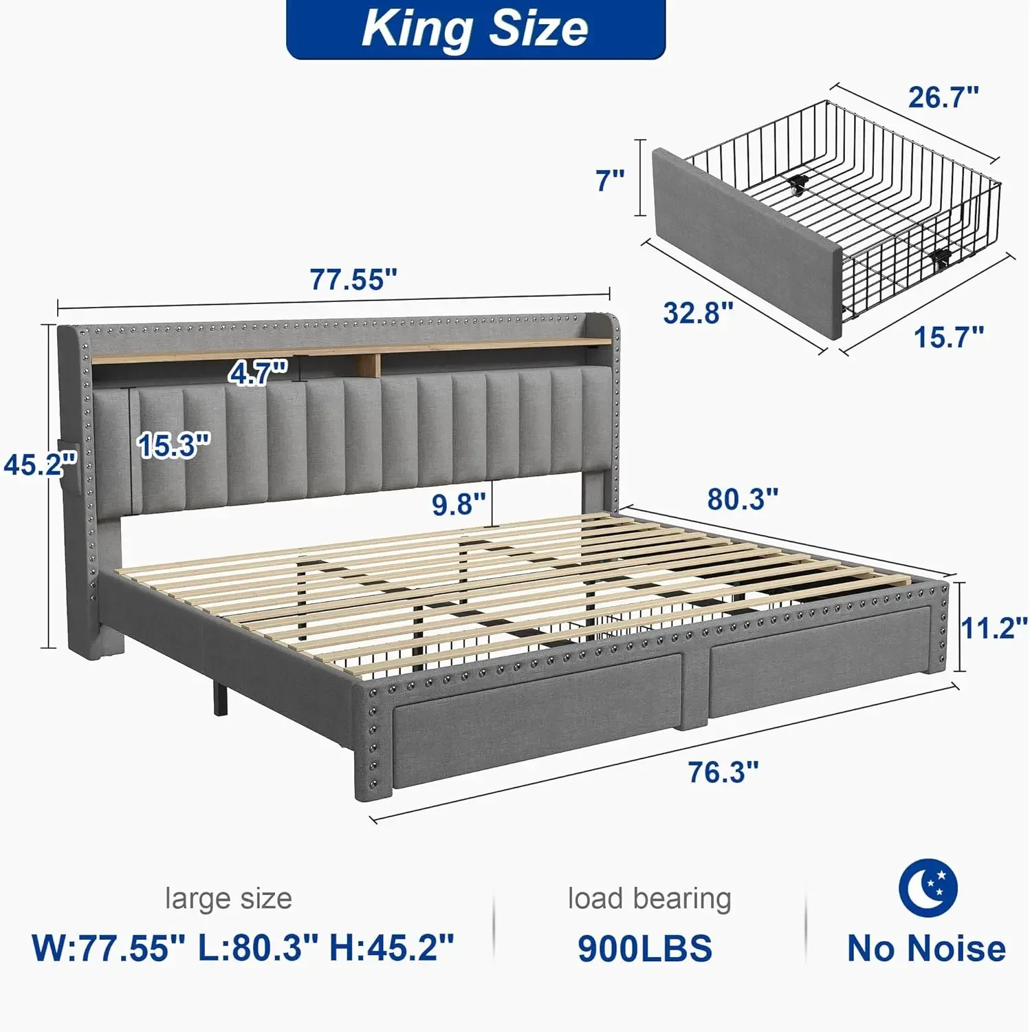 King Size Bed Frame with Storage and Headboard, Upholstered King Bed Frame with Storage, Grey King Bed Frame with 2 Drawers, Kin