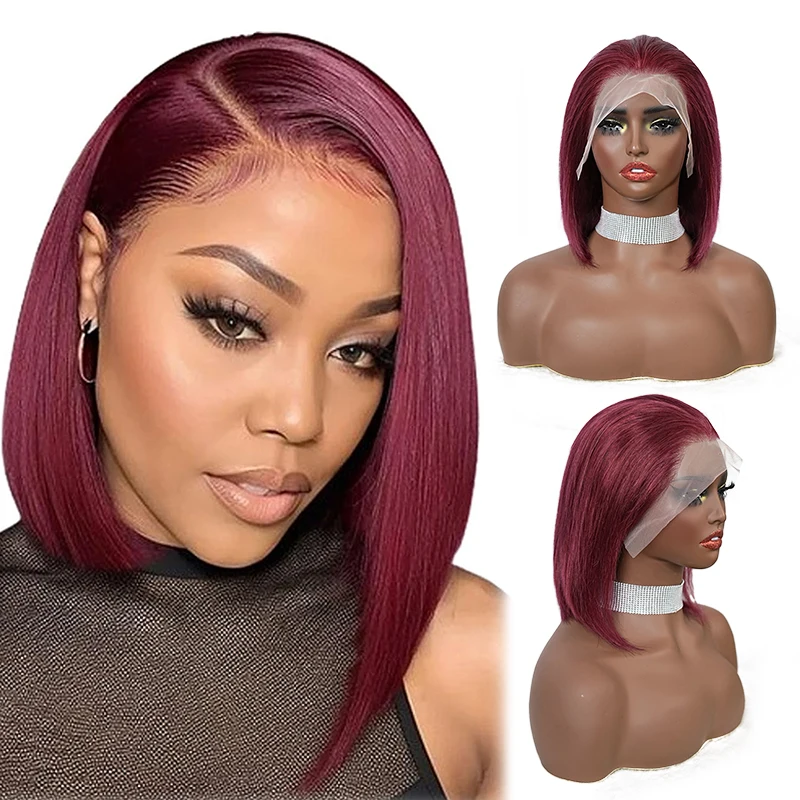 

13x4inch 99J# Straight Bob Wig 100% Human Hair Lace Front Pre Plucked Natural Hairline with Baby Hair Wig for Women