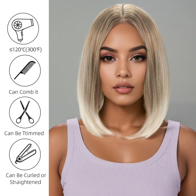 Women's wig, European and American , golden , short straight synthetic hair, middle-parted bobo style, golde