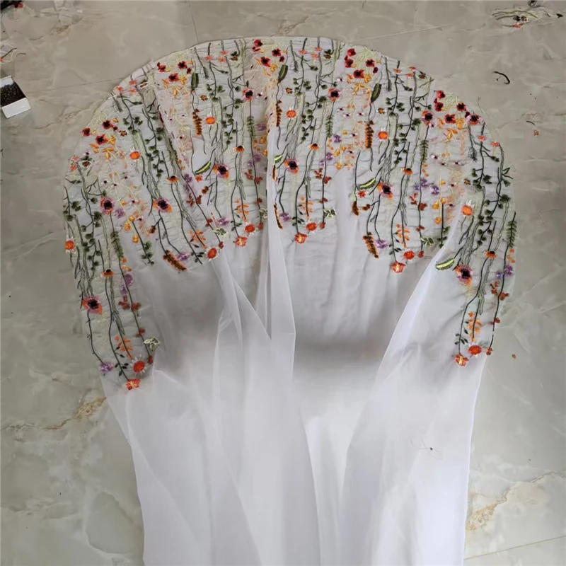 Embroidered Floral Bridal Wedding Cape Draped Veils Wild Flowers Secret Garden Cathedral With Comb Green Orange Flowers Leaves