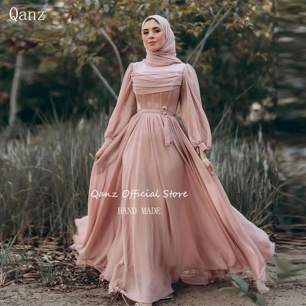 

Qanz Blush Pink Chiffon Prom Dresses for Hijab Women High Neck Long Sleeve Muslim Evening Party Gown Bespoke Occasion Customized