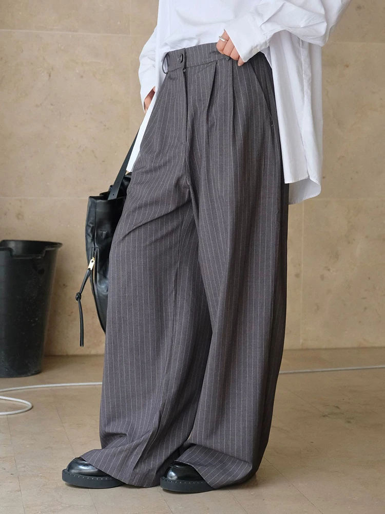 [EAM] High Elastic Waist Gray Striped Color-block Wide Leg Pants New Trousers Women Fashion Tide Spring Autumn 2024 1DH6815