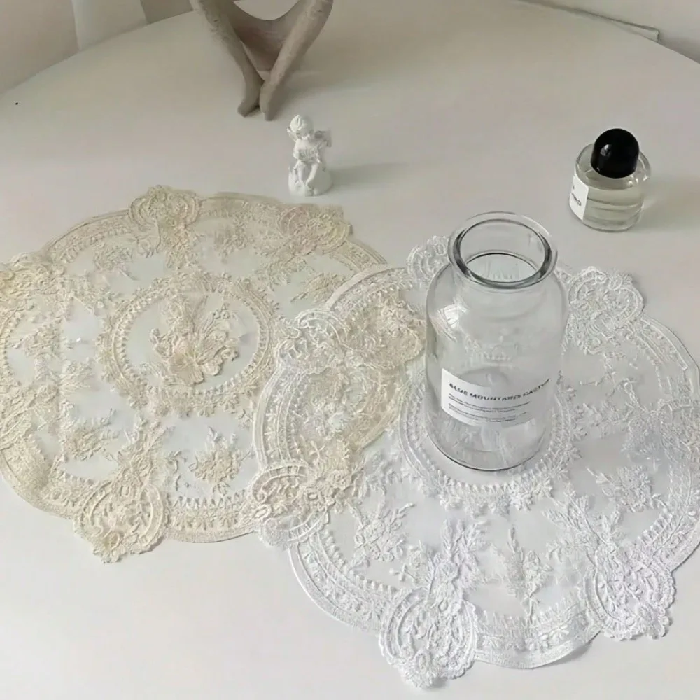 Vintage Embroidered Lace Table Mat Round Flower Embroidery Dining Table Cover Napkin Placemat Lace Table Cloth Beside Table
