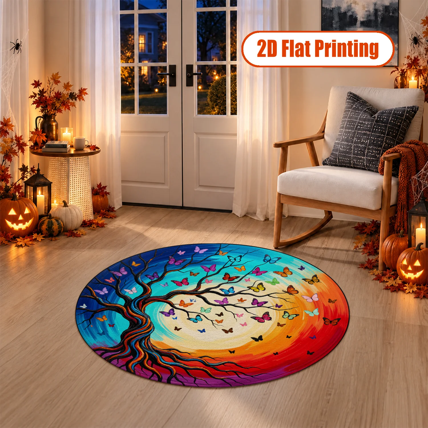Colorful Tree with Butterflies Pattern Round Velvet Rug Soft Machine Washable Area Rug for Living Room Bedroom Dining Room Entryway Ideal for Halloween Thanksgiving Christmas New Year Black Friday