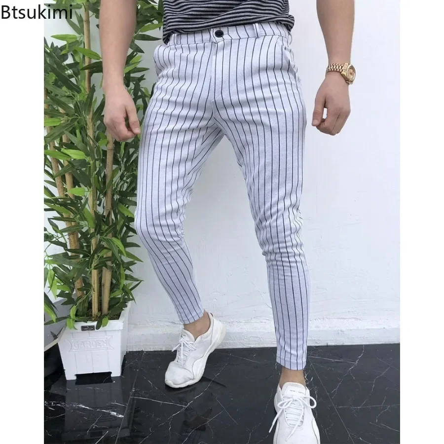 New 2025 Men's Casual Pants Men Stretch Ankle-length Pants Pencil Pants with Pockets Male Fashion Slim Striped Business Trousers