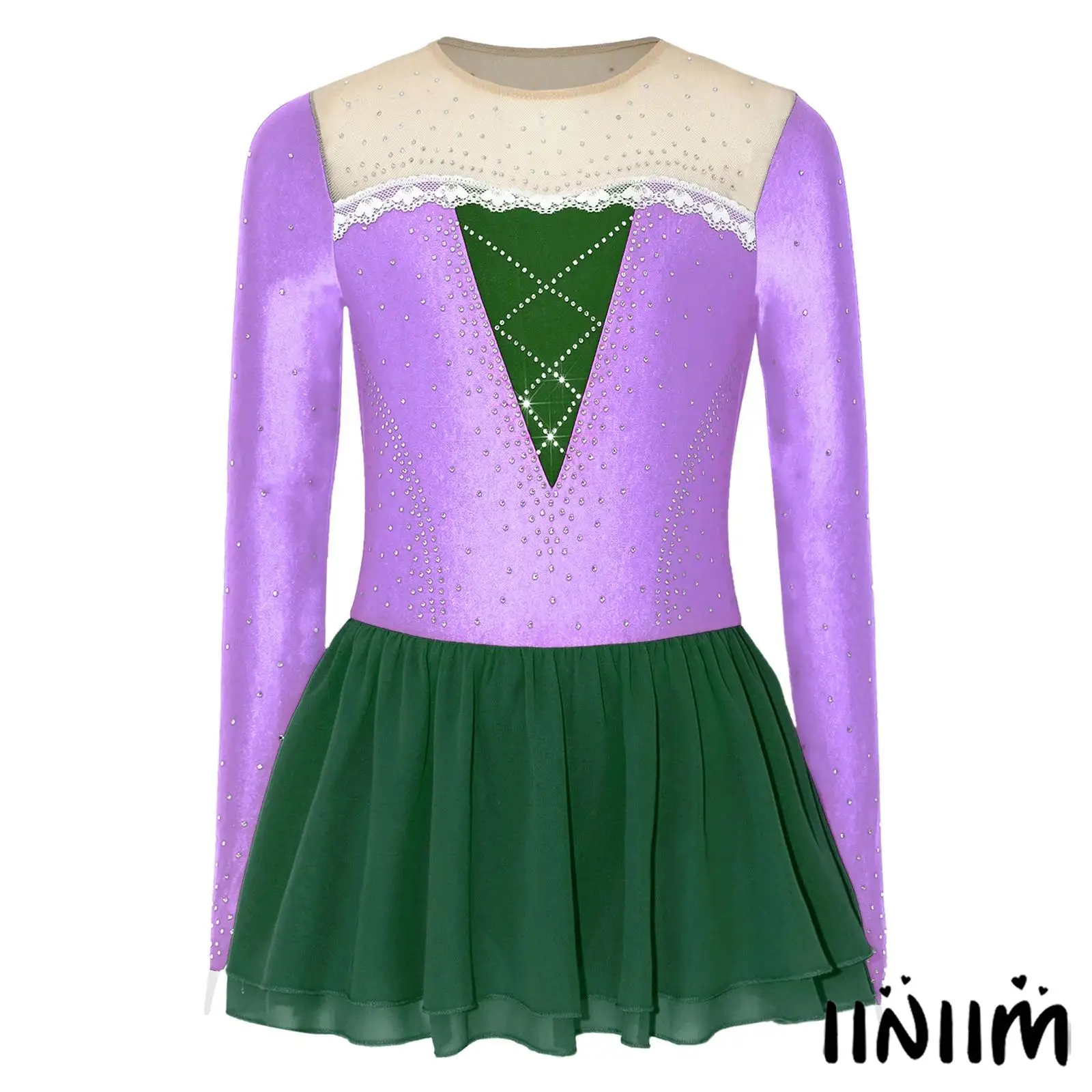 

Girls Princess Figure Ice Skating Dress Mesh Patchwork Design Long Sleeve Sparkly Rhinestones Lace Decor Contrast Color Dress