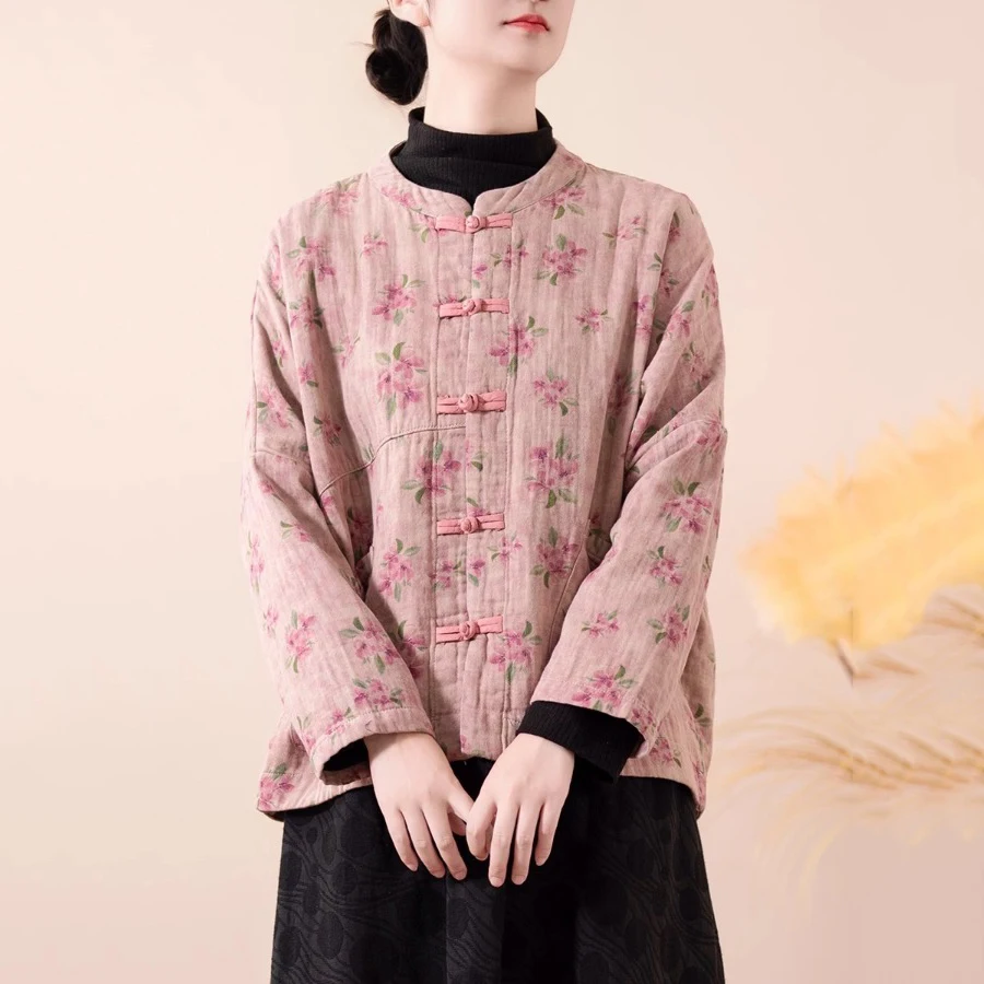 Chic cinese Sle Cotone Lino Or Jaet per donne di mezza età con design a bottoni Lungo Sve Stampa floreale Vestibilità ampia