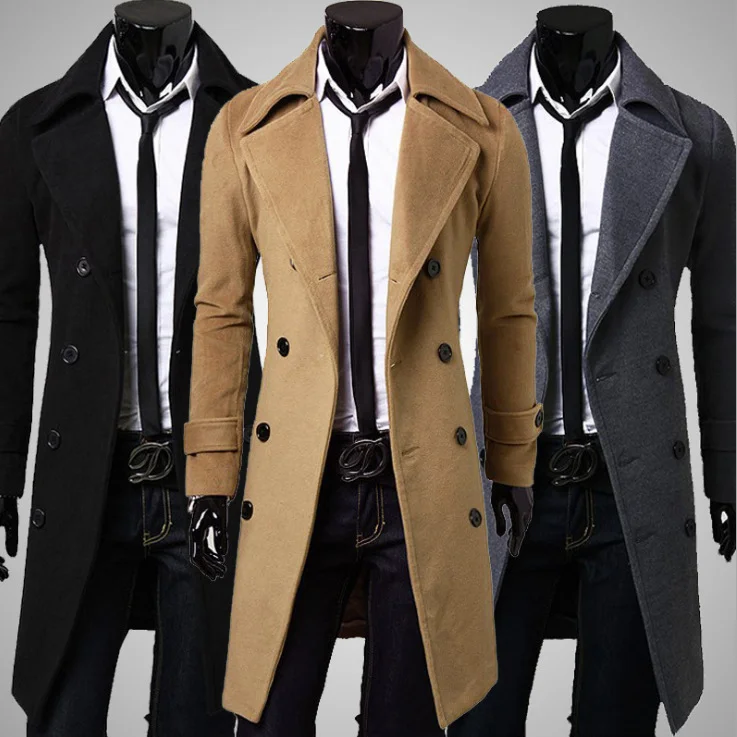 

Double-Breasted Men's Trench Coat Coldproof Jaet Faionable Urban Long Sle Winter Season Slim Fit Design Turn-Down Collar
