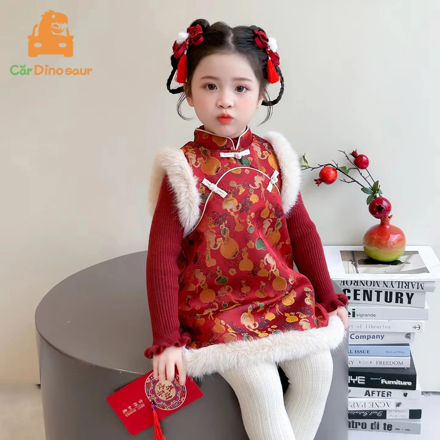 Girls Cheongsam Winter Children Clothes Thickening Kids Tangsuit Baby Traditional Chinese Sping Festival Vest Dress with Sweater