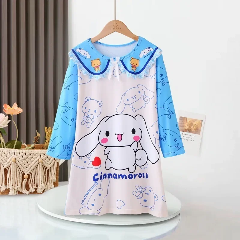 Sanrio Hello Kitty Kuromi Children\'s Pajamas Dress Cinnamoroll My Melody Cartoon Baby Anime Kids Set Long Sleeved Skirt Girls