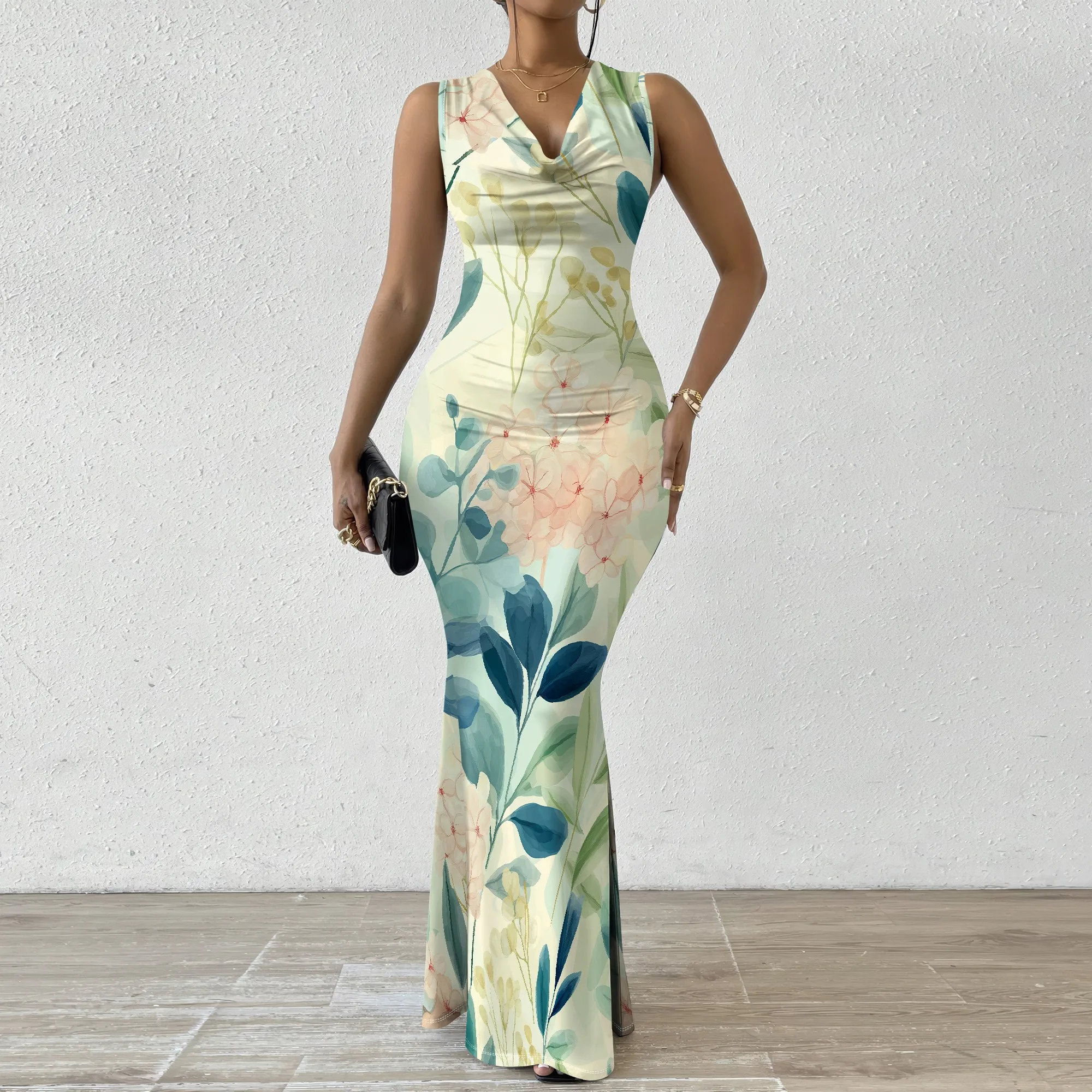 

Floral Print Women's Bodycon Dress 2025 New Arrival Sleeveless V-Neck Maxi Dress XS-2XL