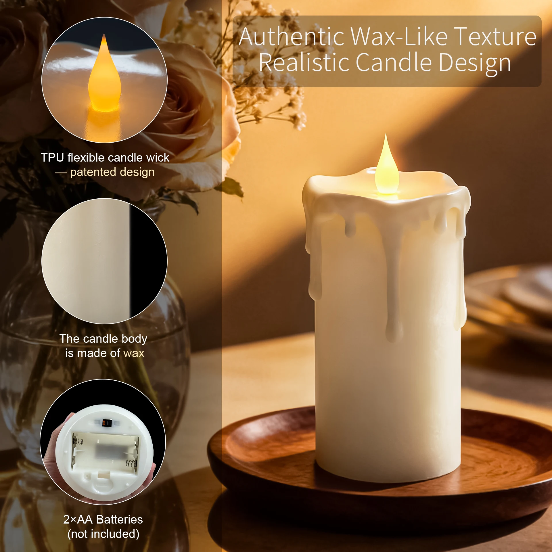 Ivory 3D Flickering LED Flameless Candles, Real Wax with Wax Drips, Remote & Timer, 3×7 Inch Battery Operated Pillar Fake Candles, 600+ Hours Dimmable, Thanksgiving Christmas Living Room Home Decor