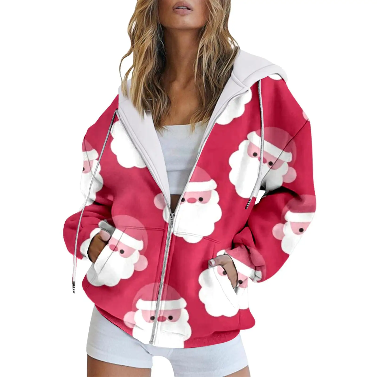 Fashionable Cross-Border Christmas Element Pattern, Trendy Long Sleeved Sweatshirt, New Women's Hooded Zipper JacketMC4