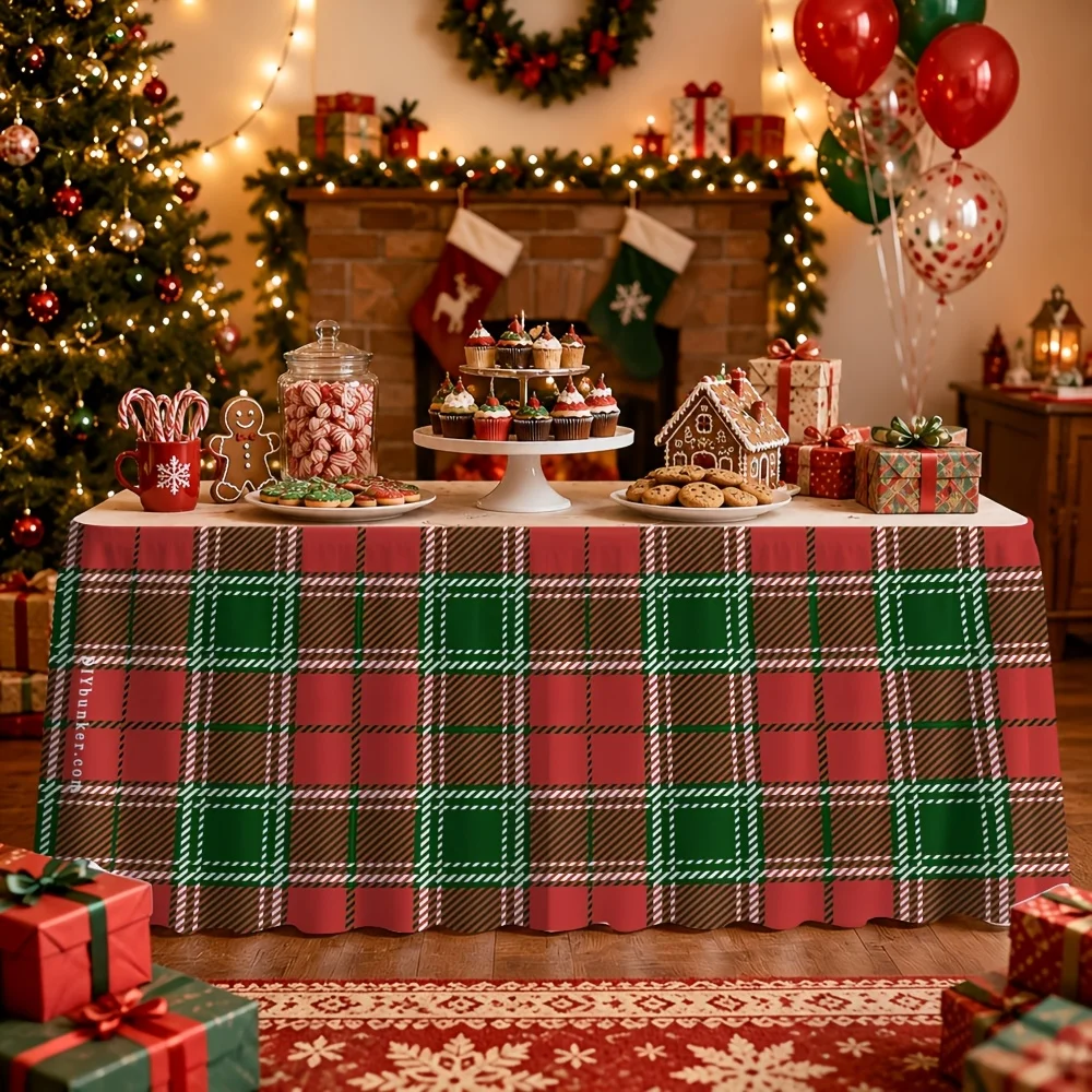 1 piece, Christmas, red, green, plaid tablecloth, table skirt, suitable for pies, kitchen and dining decorations
