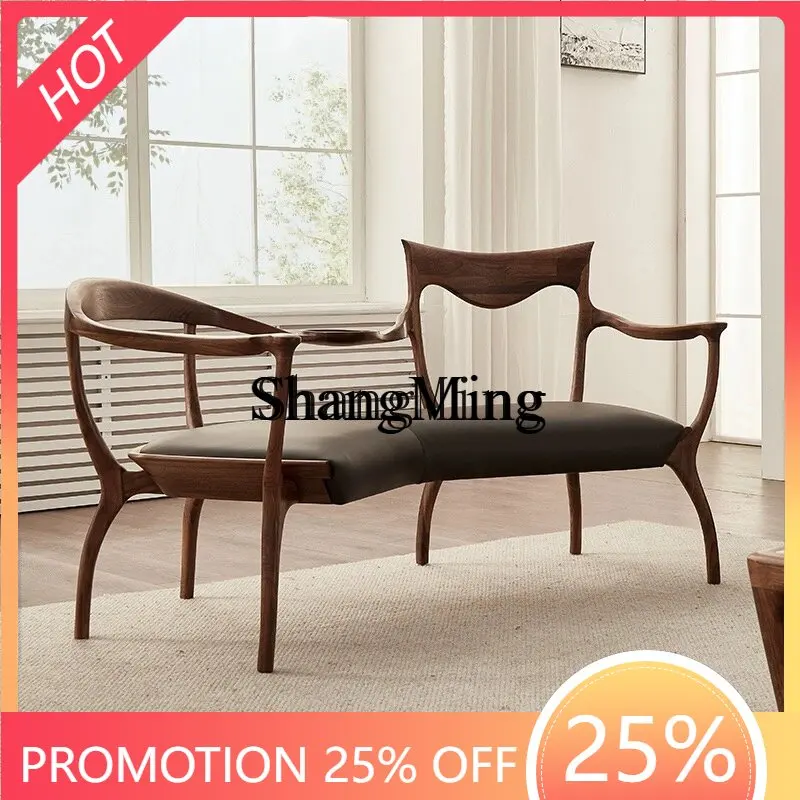 

SM household walnut leisure chair household living room one-piece sofa chair leather art solid wood double chair