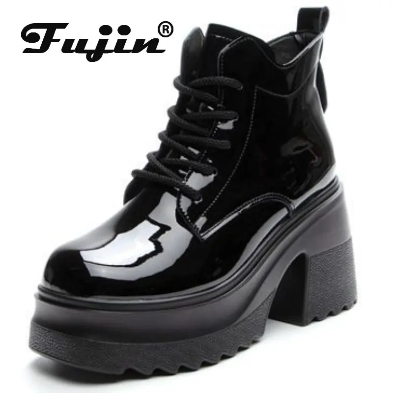 Fujin 10CM Patent Wedge Pumps High Brand Genuine Leather Spring Autumn Shoes Mid Calf Ankle Boots Women Platform Females Shoes