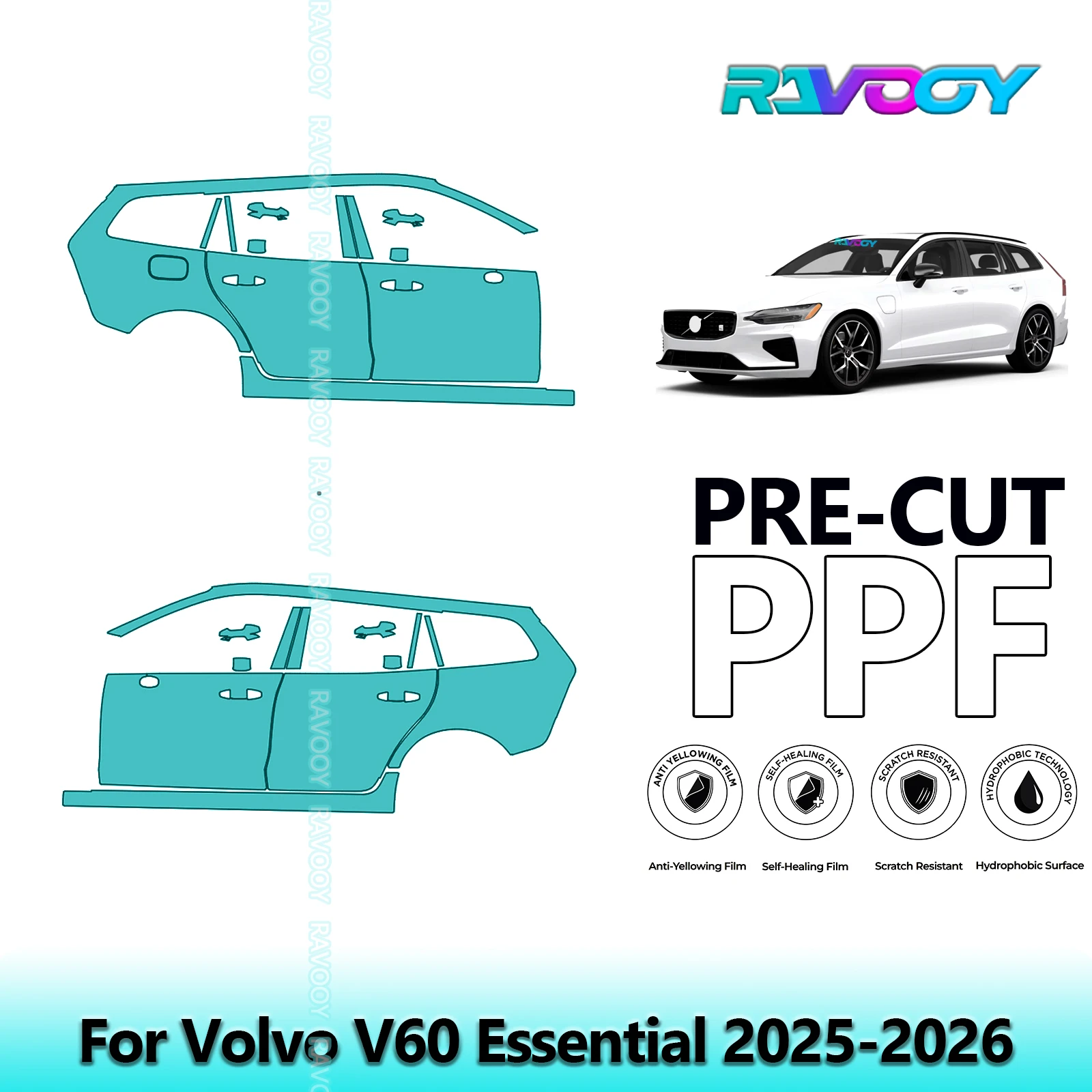 

For Volvo V60 Essential 2025-2026 8.5mil Clear Matte Pre-Cut PPF Door & A/B Pillar Kit TPU Paint Protection Film Set