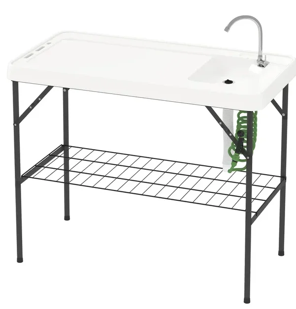 

Outsunny Folding Fish Cleaning Table with Sink, Portable Camping Table with Faucet, Drainage Hose, Sprayer and Shelf, White
