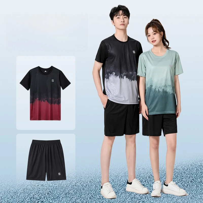 

Summer Sport Men's Running Sets Casual T-Shirt and Shorts Set Male Sports Women Solid Color Tracksuit Loose Training Suits