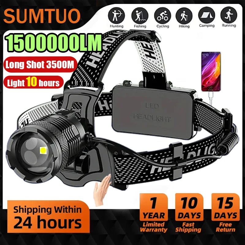 

2024 Ultra Powerful LED Headlamp Super Bright Long Range Head Flashlight USB Rechargeable Head Torch Fishing Hunting Head Light