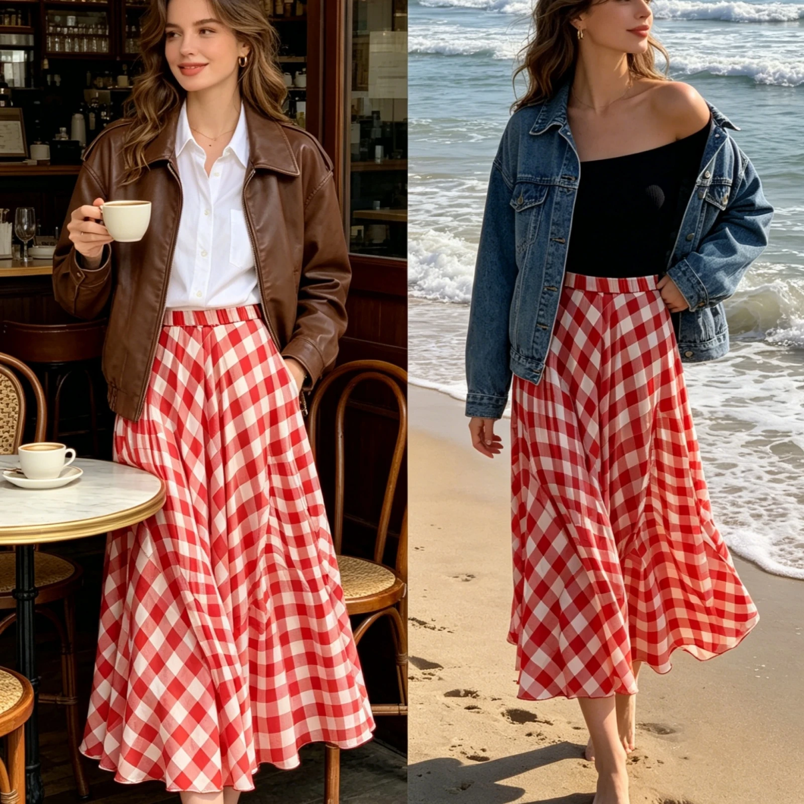 2026 Autumn Women's Casual Loose-Fit Skirt Fashion Ladies Plaid Print A-Line Maxi Skirt Retro Elastic Waist Flowy Beach Skirts