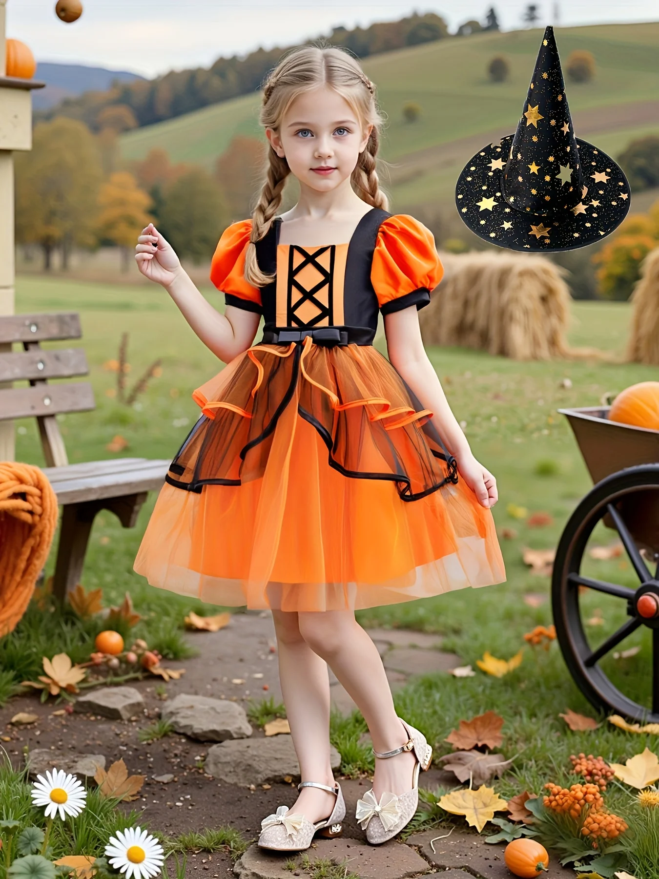 

Girls Halloween Theme Mesh Skirt Puff Sleeve Tulle Skirt Children's Party Performance Costume (Including Hat) 2-Piece Set