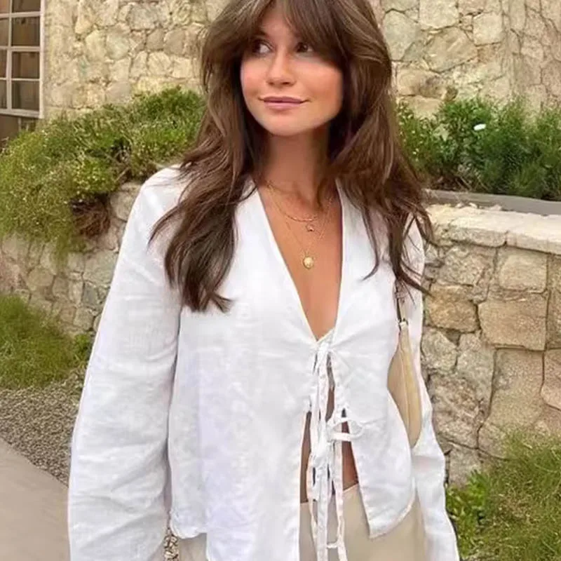 2025 summer white lace up shirt elegant loose long sleeved V-neck shirt women's solid color casual street fashion women's top